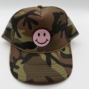 Friday + Saturday Camo Smiley Trucker Hat Pink Patch
